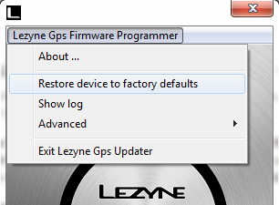 Screen shot. Menu restore device to factory defaults