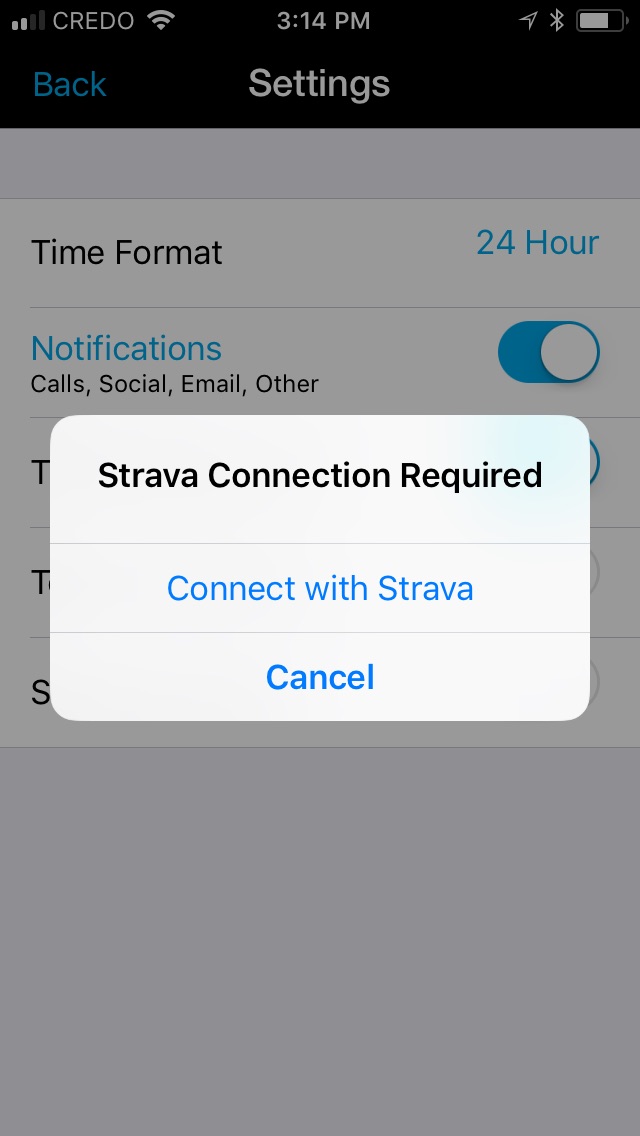 App screen shot popup: Strava connection required.